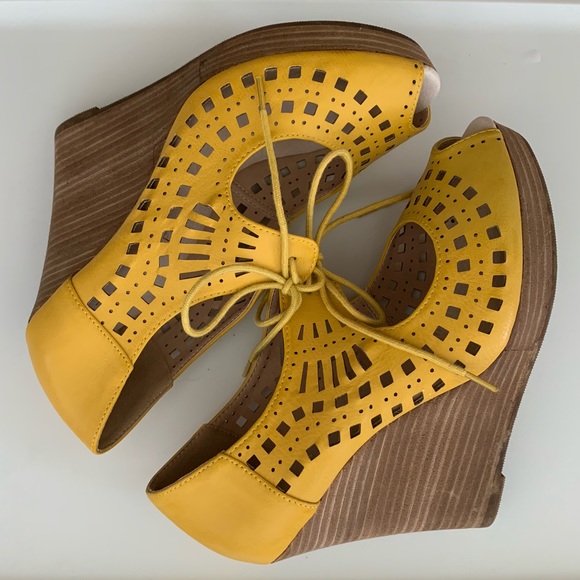 Restricted Shoes - Yellow laser cut wedges with laces Restricted Shoes - Yellow laser cut wedges with laces